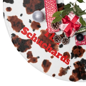Personalized Cow Print Christmas Tree Skirt, Western Holiday Decor, Custom Rustic Christmas Skirt