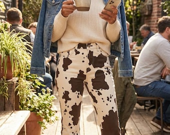 Pantalones vaqueros de pierna ancha con estampado de vaca para mujer / Pantalones acampanados estilo western