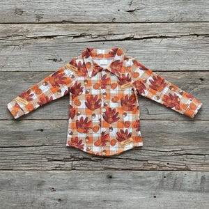 Boys Thanksgiving Turkey Button-Up Shirt – Fall Plaid Long Sleeve | Cute Pumpkin & Turkey Print Top | Sizes 3–6 Months to 7/8