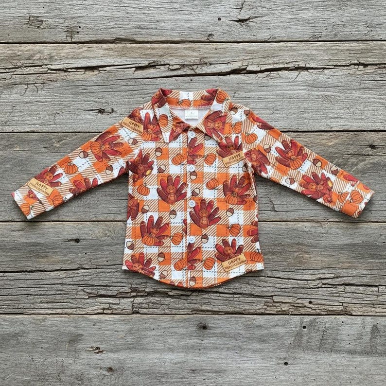 Boys Thanksgiving Turkey Button-Up Shirt – Fall Plaid Long Sleeve | Cute Pumpkin & Turkey Print Top | Sizes 3–6 Months to 7/8
