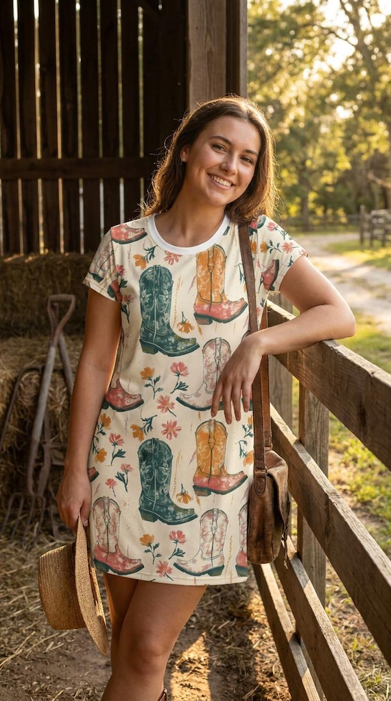 t shirt dress with cowboy boots Floral Cowgirl Boots T-shirt Dress - Western Boho Summer Casual Boot Print  Dress for Women