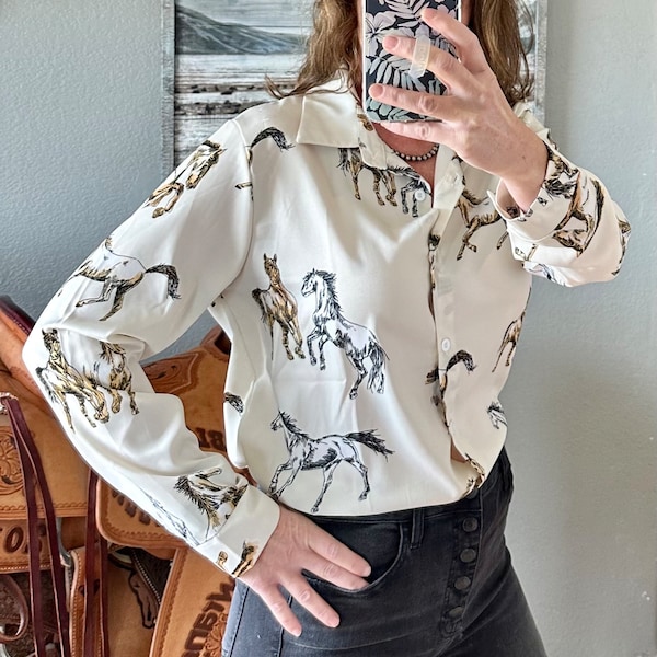 Women's Western Blouse, Horse Blouse, Business Fashion, Cowgirl Western Button Up