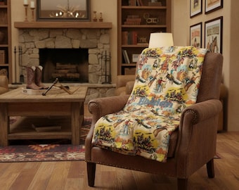 Vintage Cowboy Sherpa Fleece Blanket, Retro Western Ranch Decor