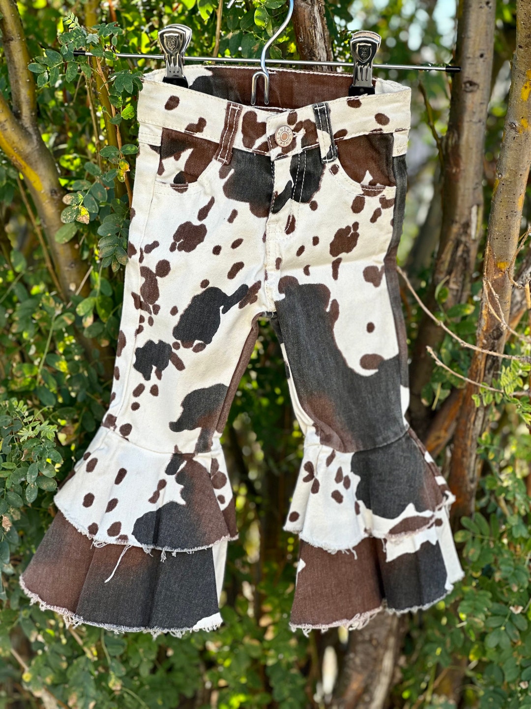 Womens Retro Washed Denim Jeans With Cow Print