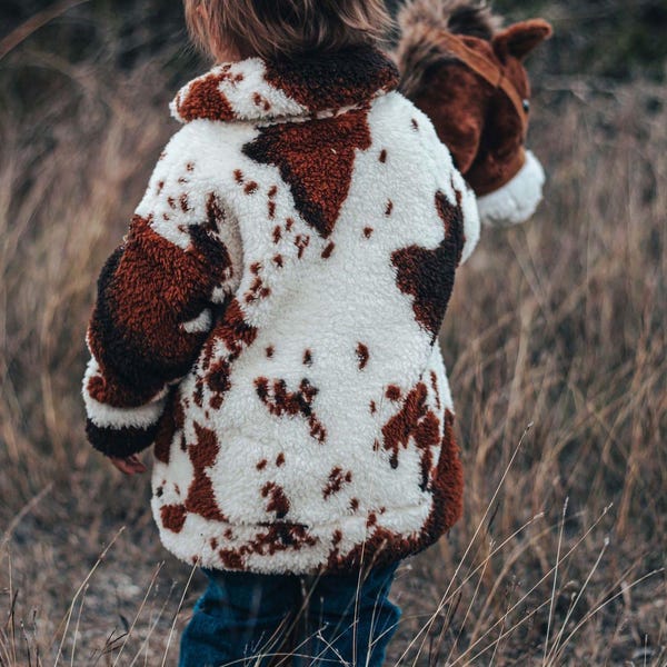 Sudadera vaquera sherpa con estampado de vaca, talla 6/7, para niños, acogedora chaqueta vaquera unisex atigrada.