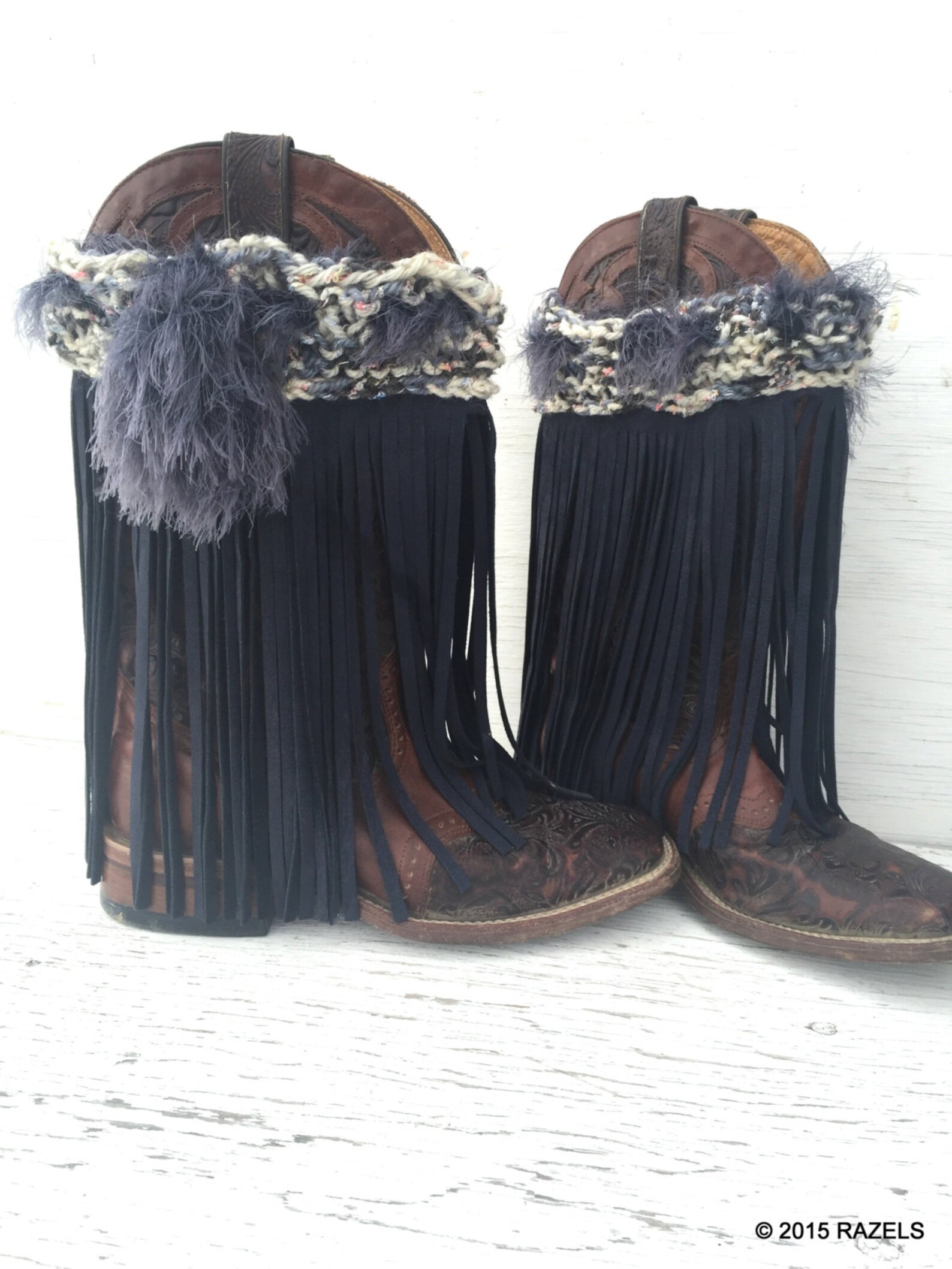 Cowhide Boot Covers BLUE LEATHER FRINGE Boot Covers Cowgirl | Etsy