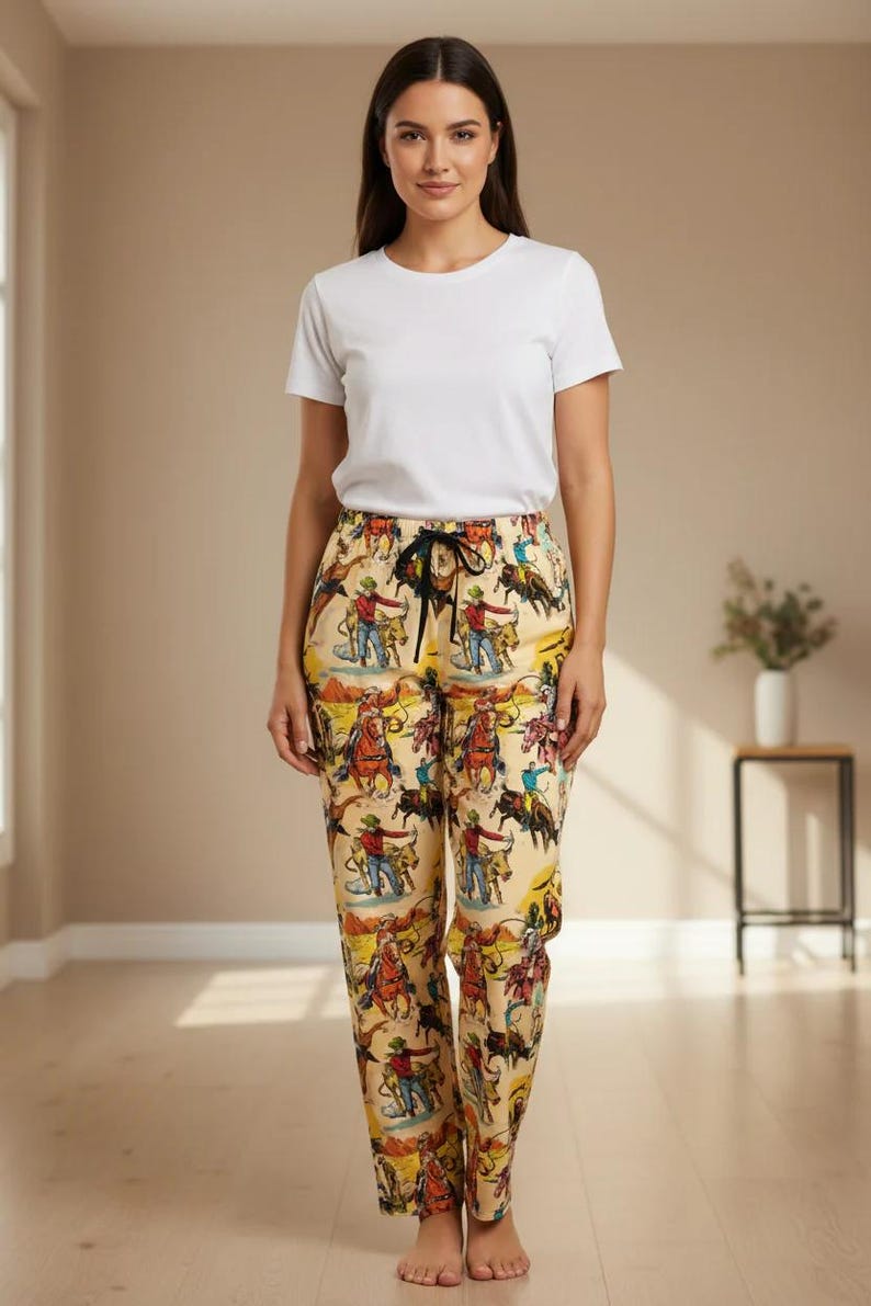 Women's Vintage Cowboy Pajama Pants - Soft Western Loungewear with Rugged Rodeo Print, Old West Sleepwear -Razels