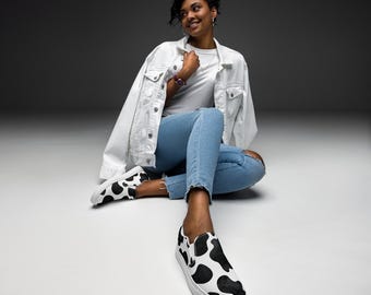 Cowprint Slip-On Shoes | Black and White Canvas Cowgirl Sneakers | Western Casual Shoes for Women