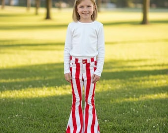 Pantalones vaqueros acampanados de rayas rojas y blancas para niñas, estilo hippie.