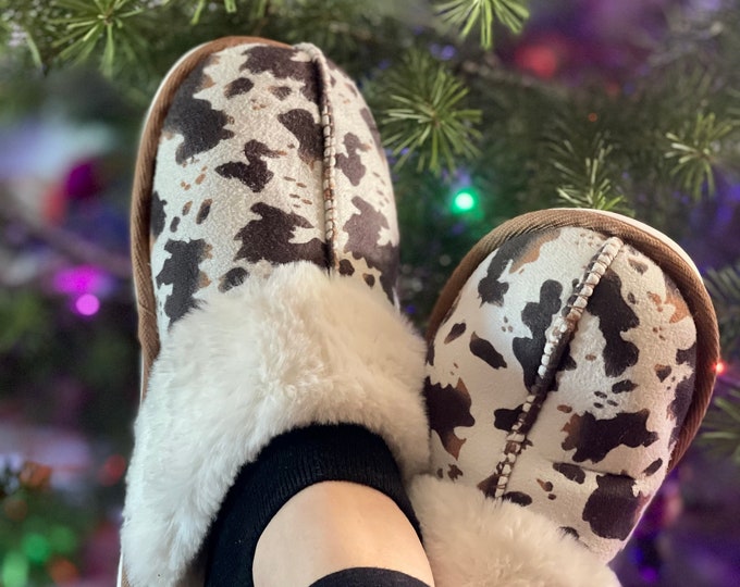 Myra Black and White Cowhide Slippers - Etsy