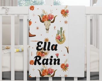 Gepersonaliseerde zuidwestelijke bloemenbabydeken: boho cowgirl kinderkamerdecoratie