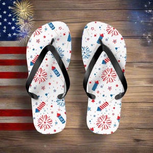 Patriotic Flip Flops Fireworks, Stars Hearts July 4th Sandals | Red White & Blue Summer Shoes