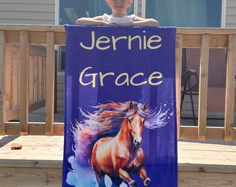 Personalized Horse Beach Towel – Custom Name, Galloping Watercolor Horse, Quick-Dry Microfiber