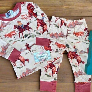 Kids Cowboy Pajamas Set, Vintage Western PJs, Matching Family Cowboy Pajamas, Bucking Bronco Print, Razels Exclusive Sleepwear
