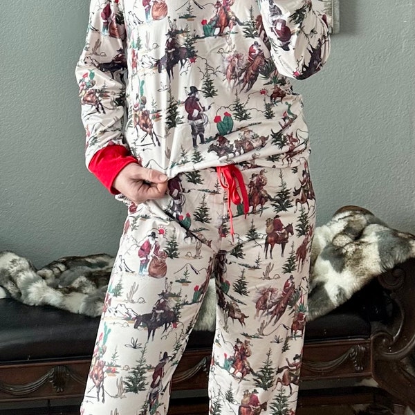 Cowboy Christmas Pajamas / Western FAMILY CHRISTMAS Pjs / Adult Cowboy Santa Pajamas