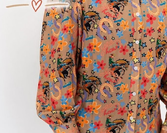 Westerntop met knopen voor dames | Blouse met bronskleurige en bloemenprint | Rodeo-shirt cowgirl