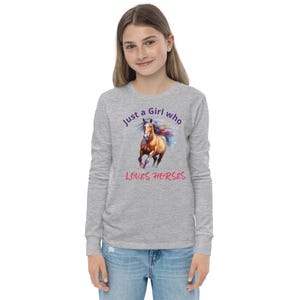 Kids Personalized Long Sleeve Horse Shirt, Just a Girl Who Loves Horses Birthday Tee, Cute Equestrian Top