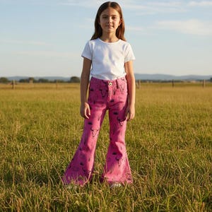Girls Hot Pink Southwestern Bell Bottom Jeans | Western Kids Flare Pants
