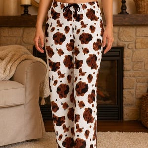 Brown Cow Print Pajama Pants: Western Cowgirl Loungewear