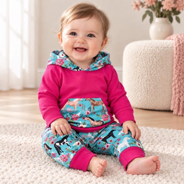 Baby Girl Horse Outfit, Pink Hoodie and Jogger Set