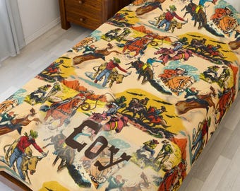 Vintage Cowboy Blanket | Western Velveteen Plush Throw