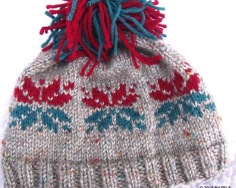 SNOWFLAKE Pompom HAT, Hand Knit Snowflake Pom Pom Hat Beanie, Red and Turquoise Winter Hat Women