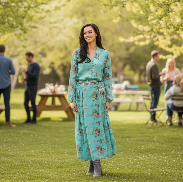 Turquoise Western Maxi Dress | Long Sleeve Cowboy Print Dress Turquoise Western Maxi Dress | Long Sleeve Cowboy Print Dress