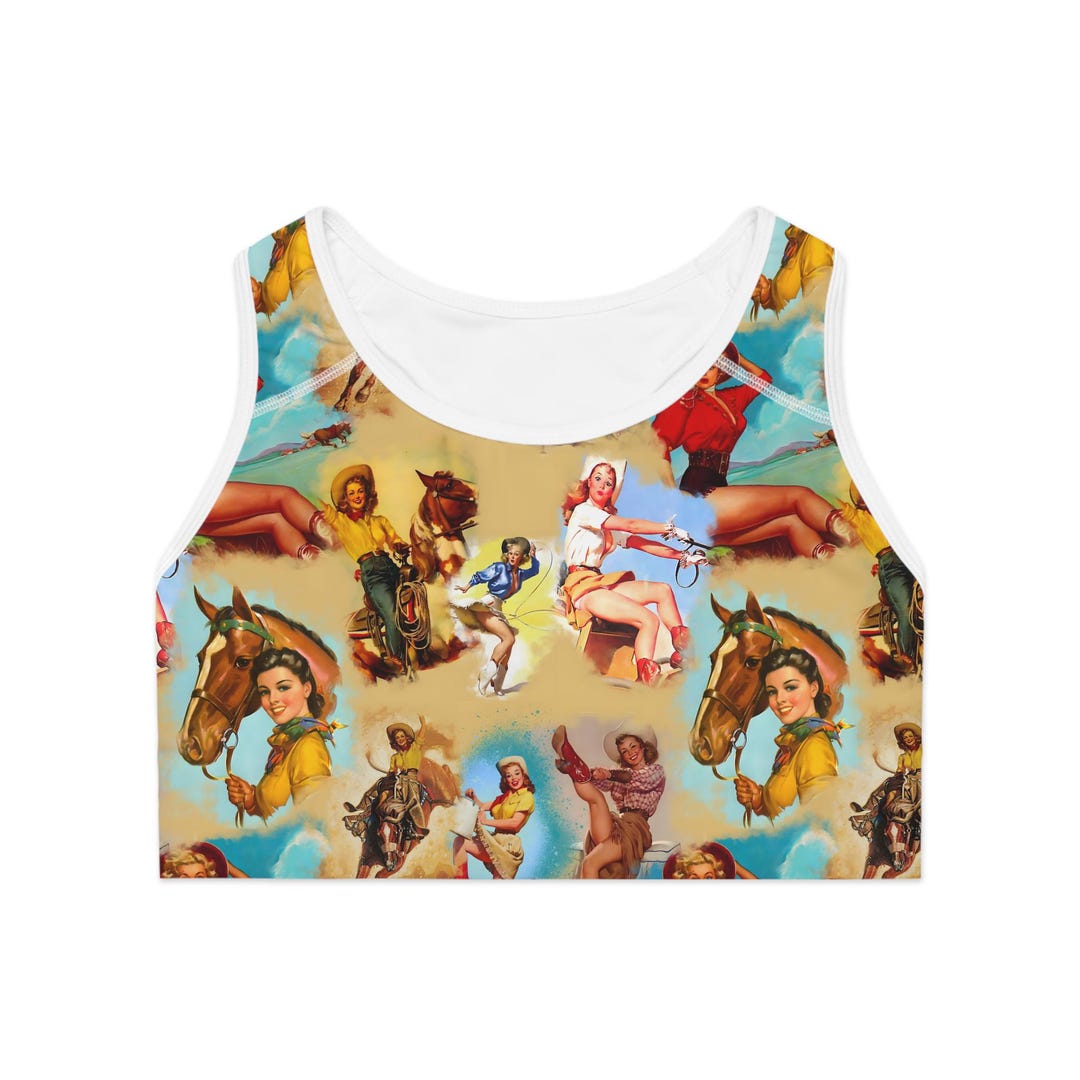 Pinup Rodeo Vintage Cowgirl Sports Bra, Western Pinup Rodeo Print, Racerback Active ...