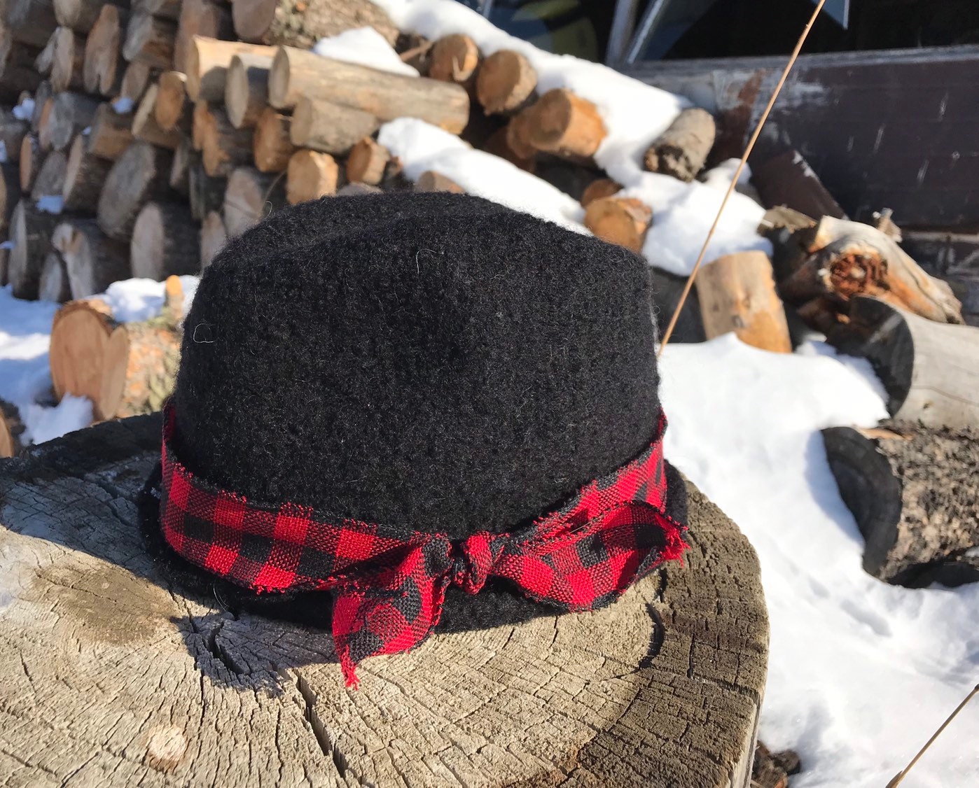 Black Felted Fedora With Buffalo Plaid 