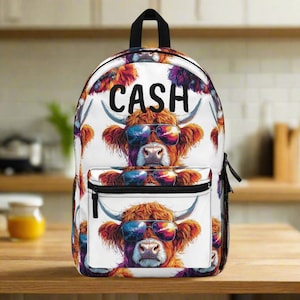 Personalized Highland Cow Backpack: Sunglasses Cowgirl/Cowboy School Bag