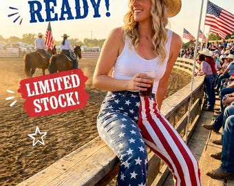 May include: A woman wearing a straw cowboy hat, white tank top, and patriotic star-spangled and striped pants. The image includes the text "4th of July Ready!" and "Limited Stock!" with American flags in the background.