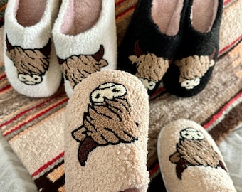 Fuzzy Highland Cow Slippers: Cozy Cowgirl Gift