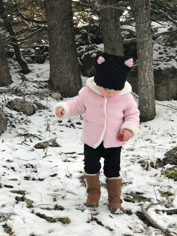 Hand Knit Toddler Black Kitty Hat /knit 