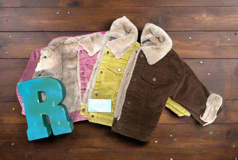 Kids Western Corduroy Coats with very soft and warm Sherpa lining. Available in pink, yellow and brown.