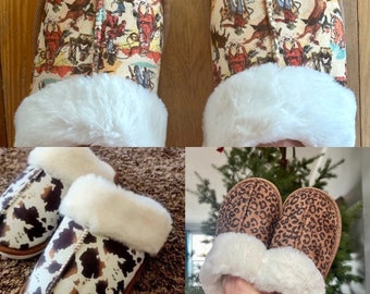 COW PRINT Plush Slippers, Cowboy Cowgirl Slides, Cheetah Print Slipper, Leopard Slippers