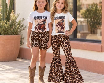 Conjunto de rodeo para niñas, pantalones acampanados o shorts con estampado de guepardo