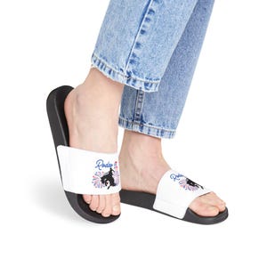 Patriotic Cowgirl Slide Sandals: 4th of July Rodeo Bronc - Red, White & Blue