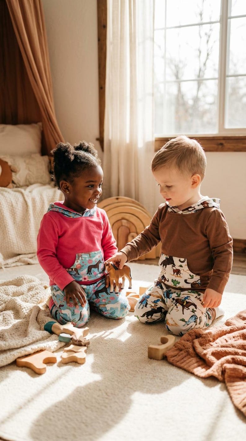 Puede incluir: Dos ni&ntilde;os con conjuntos a juego juegan con juguetes de madera. Los conjuntos incluyen una sudadera con capucha rosa y marr&oacute;n con un bolsillo con estampado de caballos y pantalones a juego. Los ni&ntilde;os est&aacute;n sentados en una alfombra color crema.