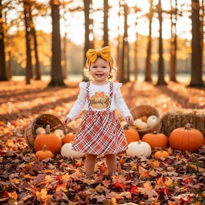 Toddler Girl Thanksgiving Outfit: Thankful Pumpkin Shirt & Plaid Suspender Skirt Set