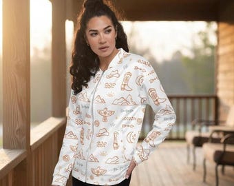 Women’s Western Bomber Jacket | Beige Cowgirl Print Jacket