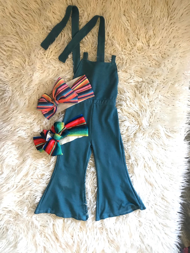 Girls Jumpsuit / Suspender Flared Trousers / Serape Stripe Toddler BOHO Suspender Overalls Blue with Headband