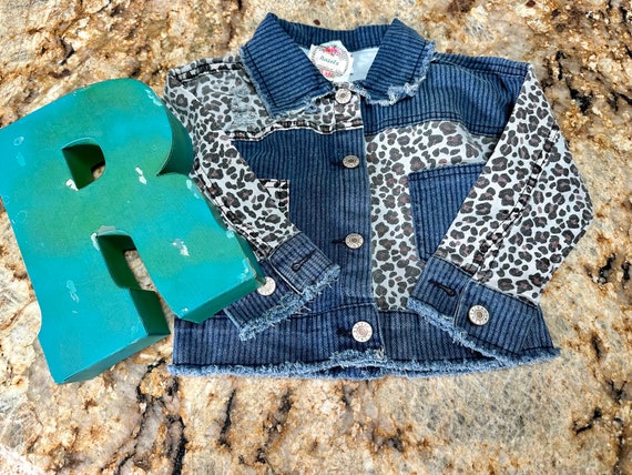 Cheetah and Denim Jacket Girls Frayed Fall Coat Distressed