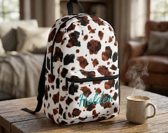 Personalized Cow Print Backpack, Western Back to School Bag, Custom Name, Kids Cowboy Backpack