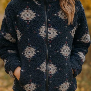 Black Aztec Sherpa Bomber Jacket: Cozy Western Fleece Zip-Up