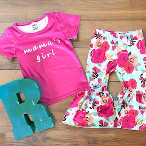 Mama&#39;s Girl Bell Bottom Outfit: Hot Pink Tee & Floral Mint Bottoms