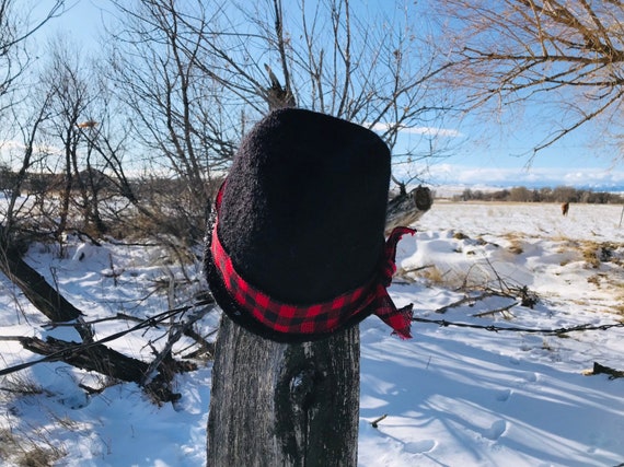 Black Felted Fedora With Buffalo Plaid 
