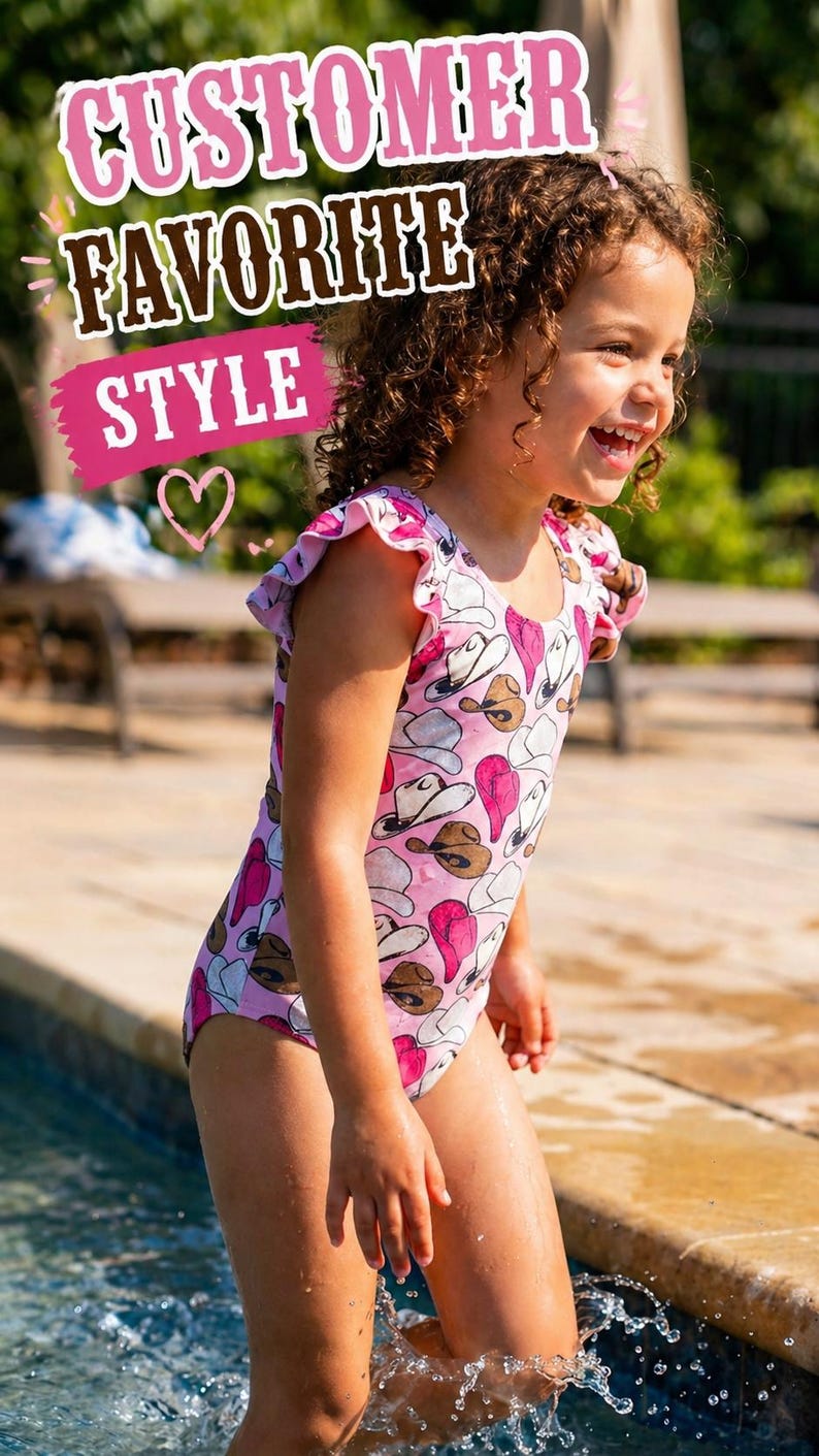 K&ouml;nnte beinhalten: Ein junges M&auml;dchen tr&auml;gt einen rosa Badeanzug mit Cowboyhut-Muster und planscht in einem Pool. Der Badeanzug hat R&uuml;schen&auml;rmel. Der Text "CUSTOMER FAVORITE STYLE" ist im Bild zu sehen.