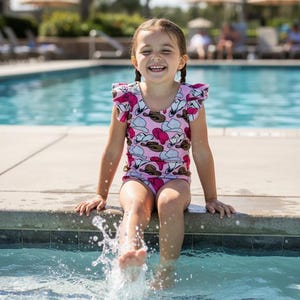 girl splashing feet in pool wearing razels cowgirl hat one piece swimsuit with ruffle sleeves