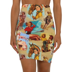 Vintage Cowgirl Print Pencil Skirt: Retro Western Rodeo Style