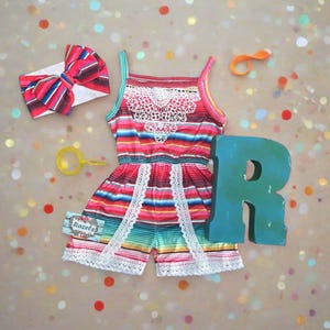 CLEARANCE Girls pink Striped Romper, Romper Serape and Lace Jumpsuit Fiesta Outfit Lightweight Summer Romper